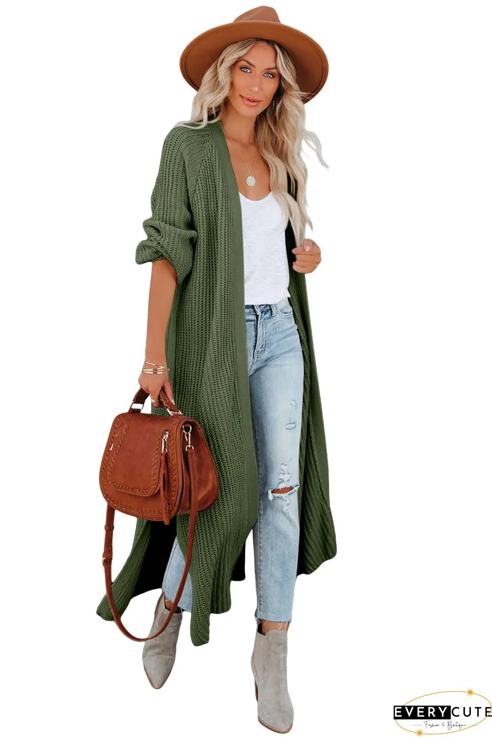 Open Front Side Slit Duster Knit Cardigan