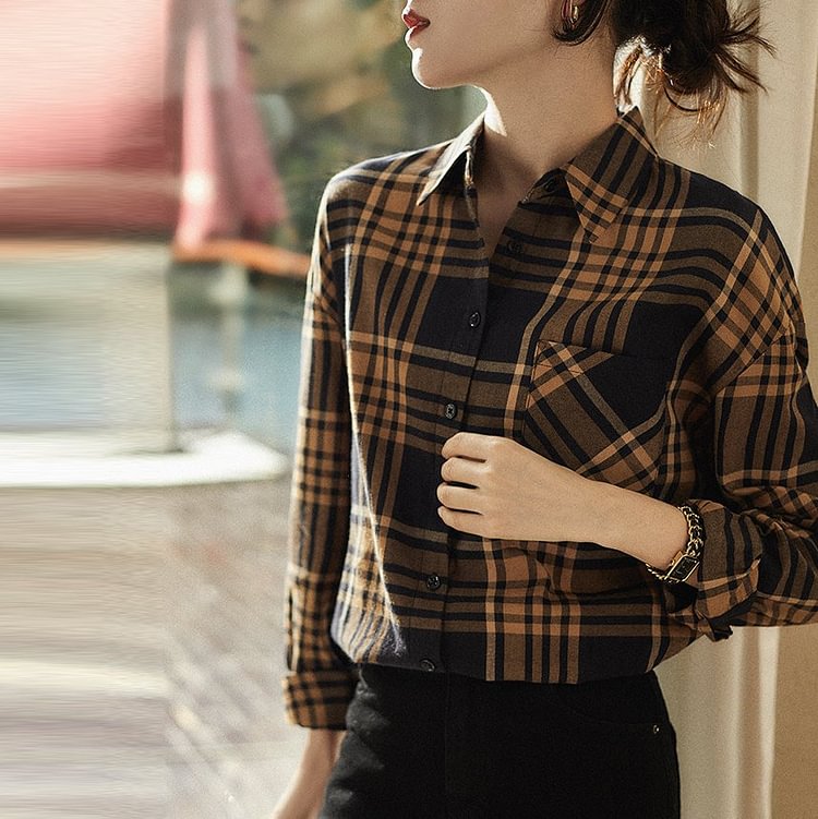 Grid Checkered/plaid Casual Long Sleeve Cotton-Blend Shirts & Tops