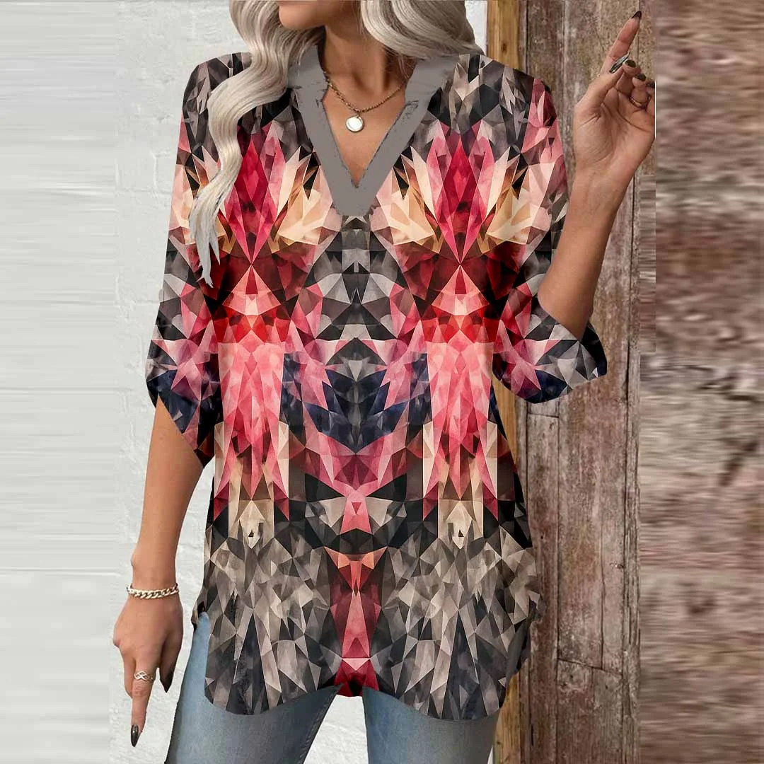 Women Bohemian, Red, Black DZGA0385 3/4 Sleeve V-neck Printed Graphic Button Tops