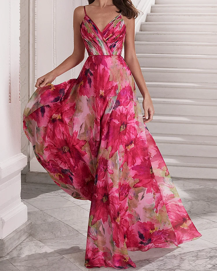 chiffon silk print strap maxi dress Gown