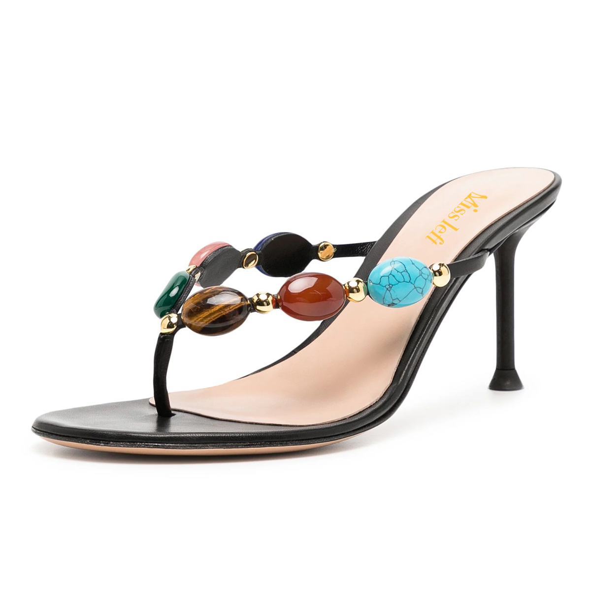 Black Round Toe Gem Embellished Strappy Stiletto Heel Mules Sandals Nicepairs