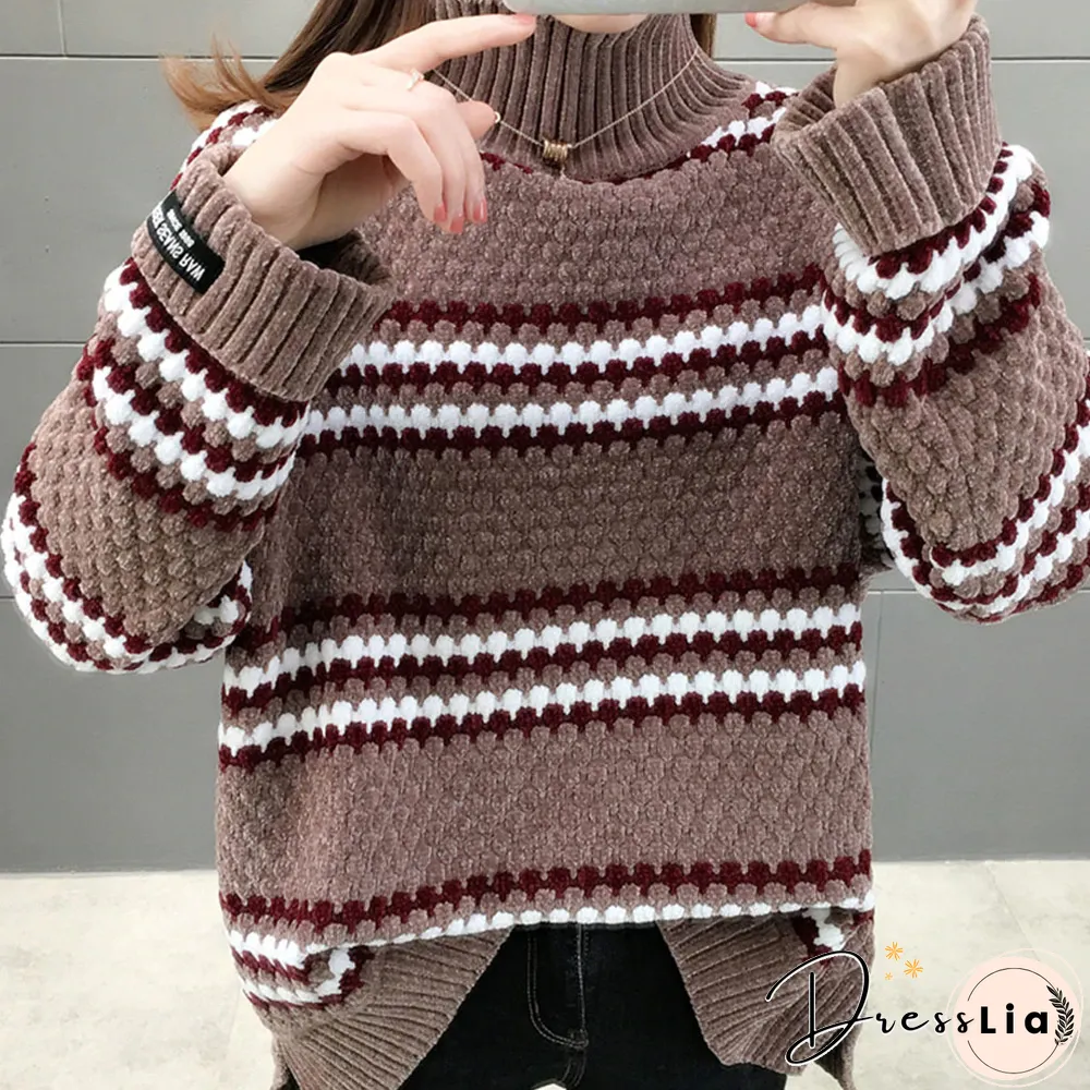 Warm Sweater Women's Velvet Full-sleeve Sweater Winter Solid Color Ladies High-neck Loose Women's Pullover