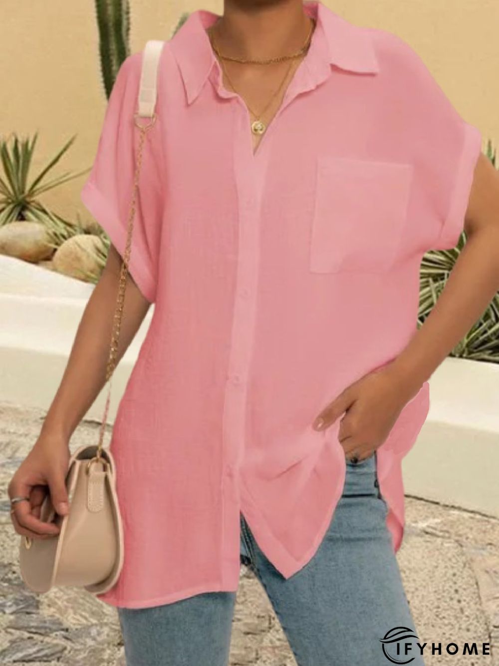 Women Solid Color V Neck Short Sleeve Casual Tunic Blouse | IFYHOME