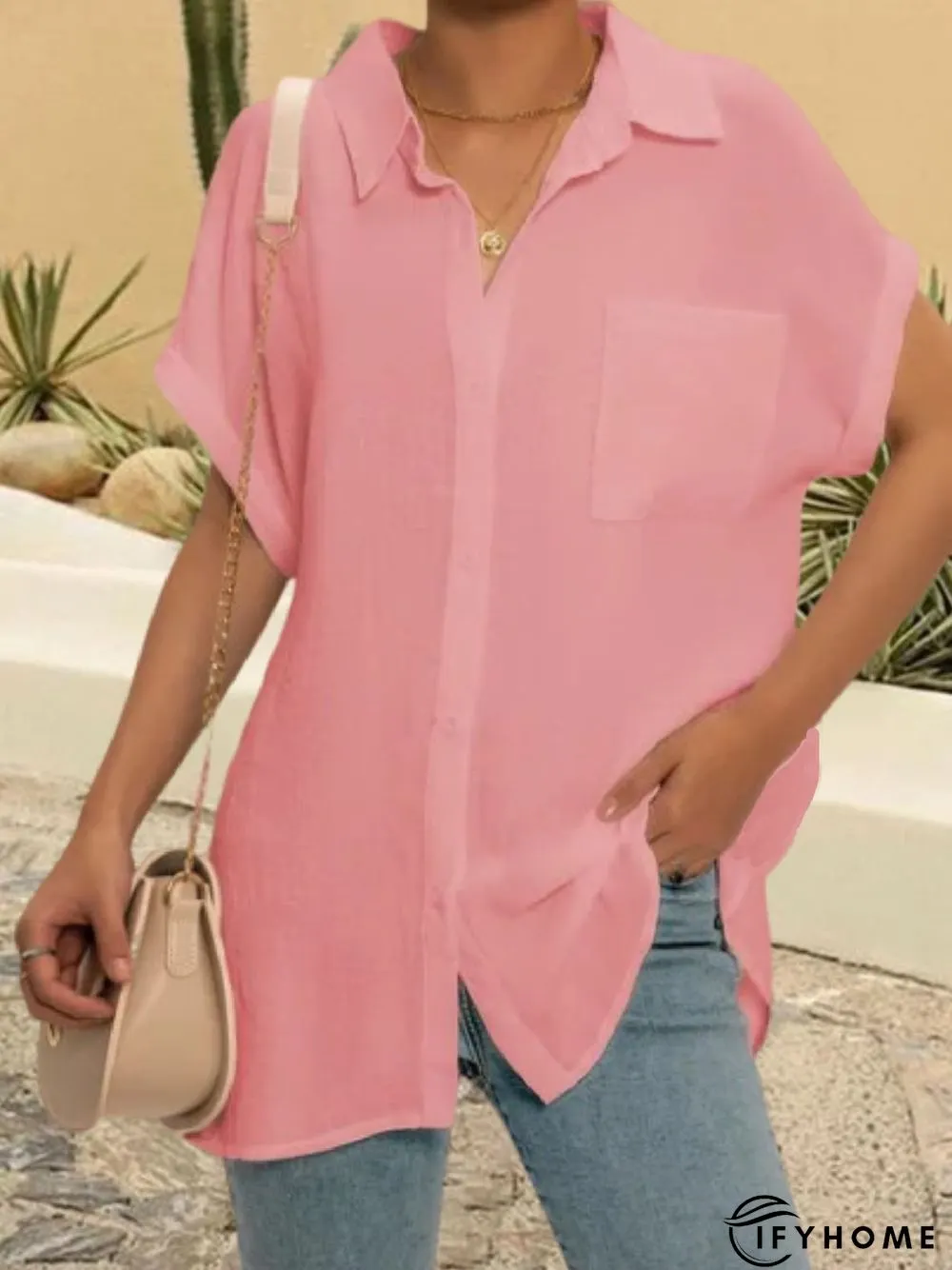 Women Solid Color V Neck Short Sleeve Casual Tunic Blouse | IFYHOME