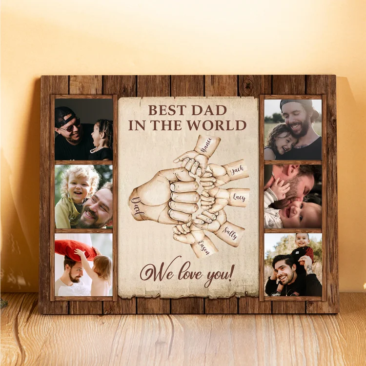 6 Names-Personalized Dad Family Fist Bump Frame Engaged 6 Photos Wooden Ornament Custom Texts Plaque Home Decoration for Father