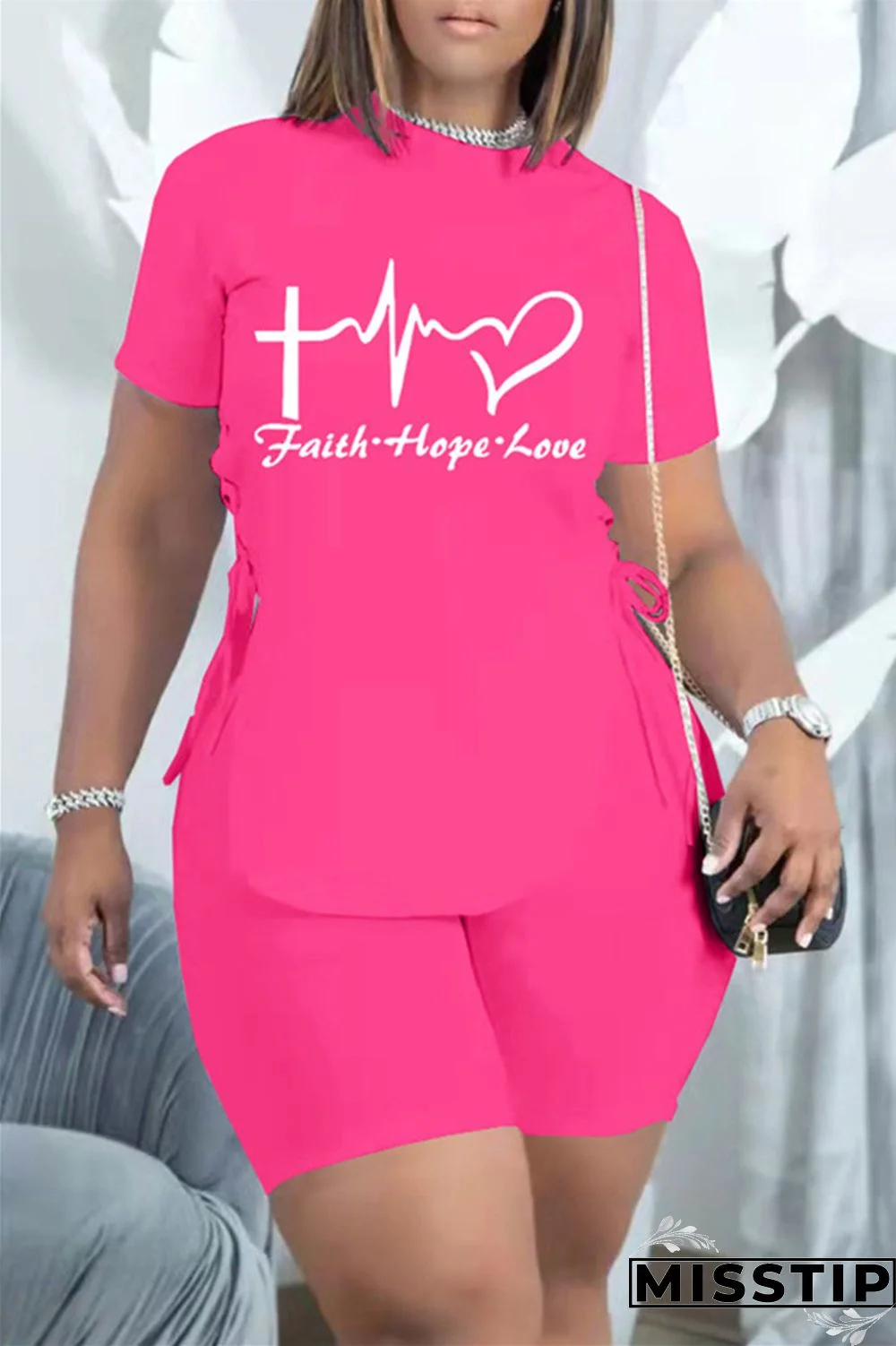 Black Fashion Casual Print Bandage Slit O Neck Short Sleeve Two Pieces