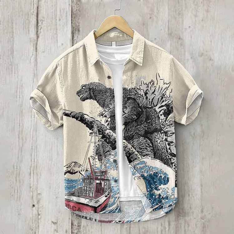 Japanese Ukiyoe Wave And Monster Art Short Sleeved Linen Blend Shirt