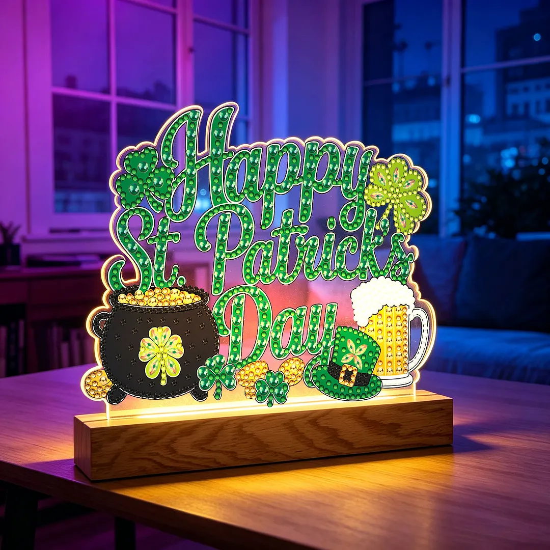 Saint Patrick DIY Acrylic Diamond Painting Night Light for Adults Beginner Diamond Art Table Lamp with Wooden Base for Woman Man Desk Bedroom Tabletop Decor