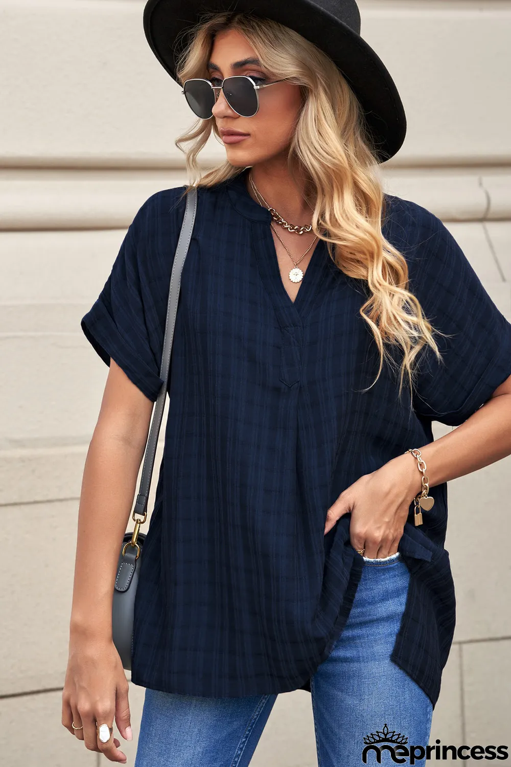 Navy Plaid Print Loose V Neck Short Sleeve Shirt with Slits