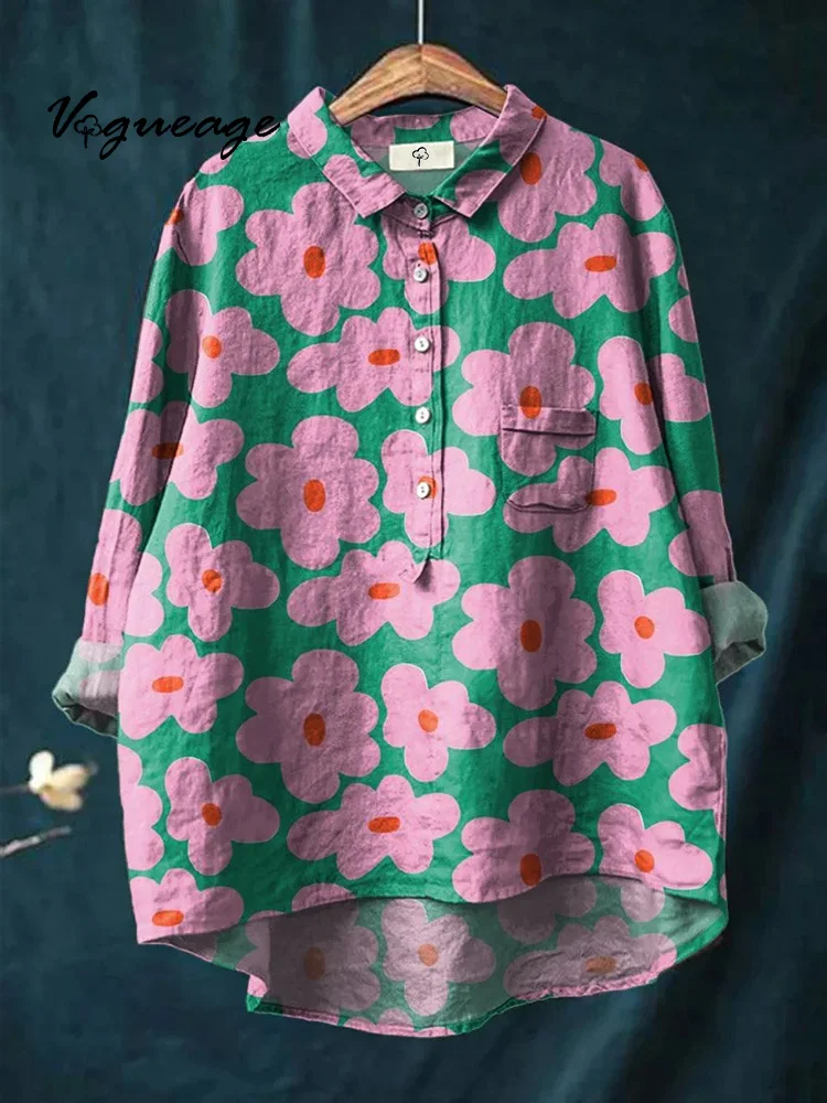 Simple And Age-Reducing Cute Cartoon Flowers Print Cotton And Linen Shirt