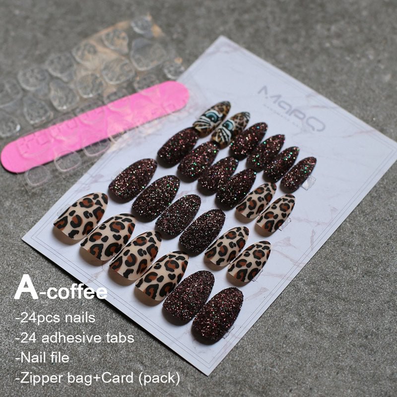 Matte tiger Nail Acrylic Fake nail black box Leopard Accent Press on Nails coffee flash stiletto false nails brown glitter Gold