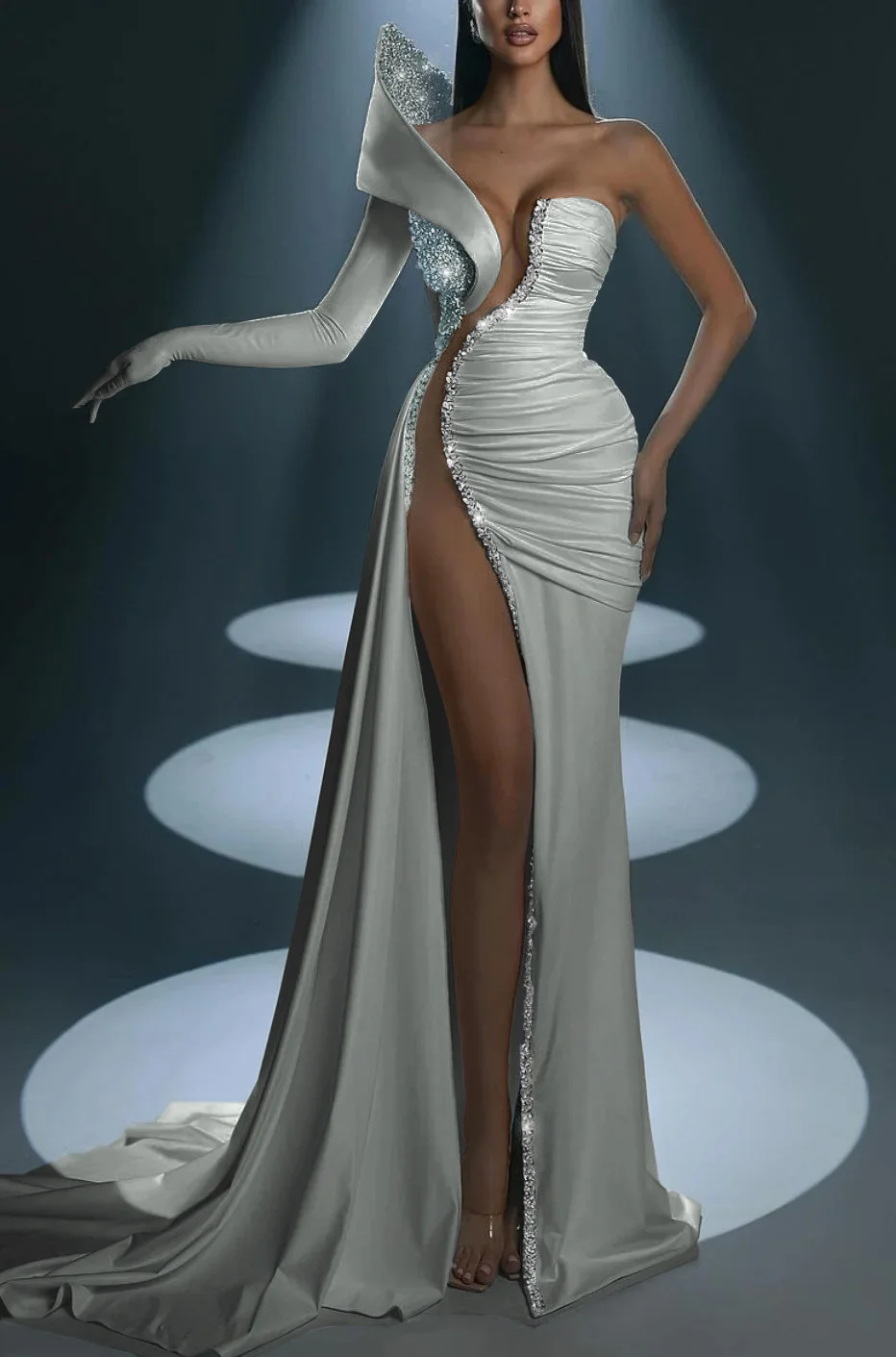 White Prom Dress With Gloves Long Mermaid One Shoulder With High Slit YL0304