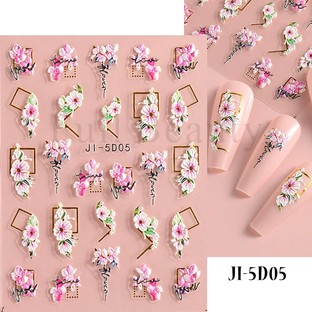 Churchf Nail Stickers Flowers Geometric Lines Decor Acrylic Embossed Sliders Gold Frame Nail Decals Cherry Blossom Manicure GLJI-5D05