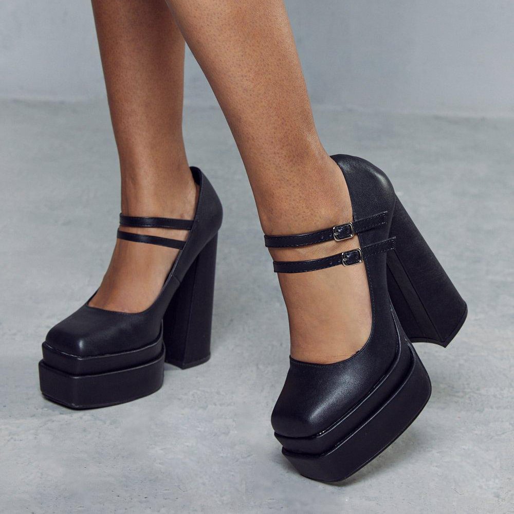 Full Color Square Platform Pumps High Block Heel Mary Jane with Buckles Nicepairs
