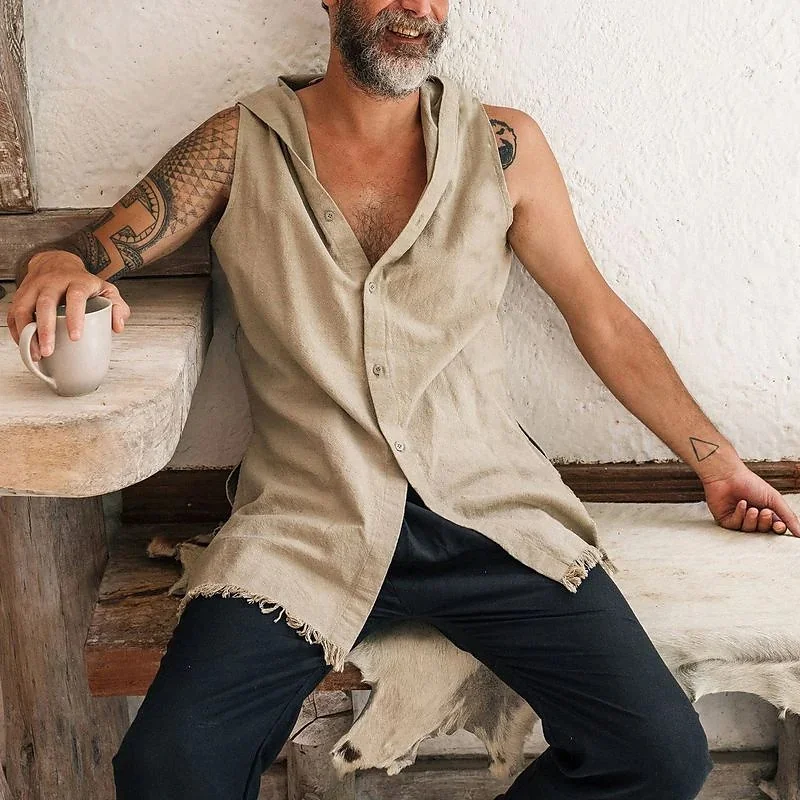 Men's Solid Color Cotton And Linen V Neck Sleeveless Casual Shirt