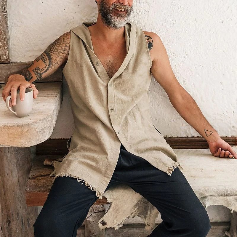 Men's Solid Color Cotton And Linen V Neck Sleeveless Casual Shirt、、URBENIE