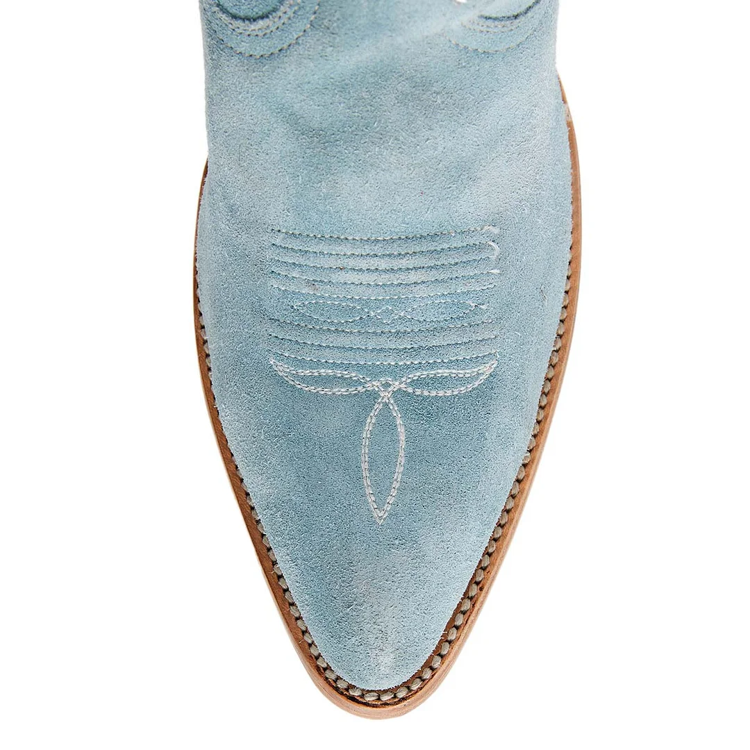 Light Blue Vegan Suede Chunky Heel Embroidered Cowboy Boots for Women