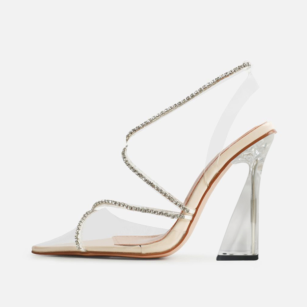 Clear Closed Toe Decorative Heel Rhinestone Strappy Pumps Nicepairs