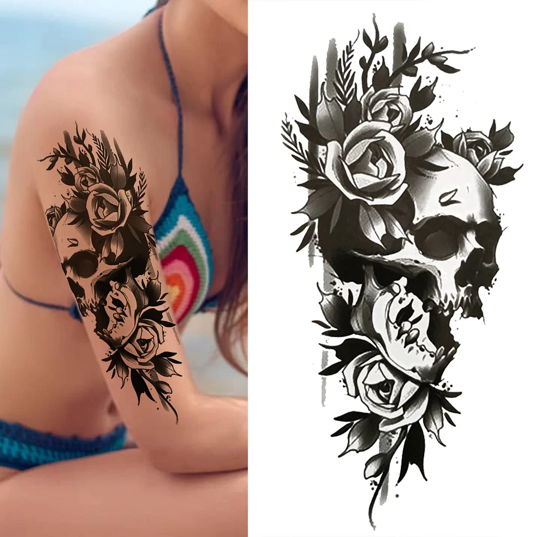 Large Death Skull Snake Flower Temporary Tattoos For Women Men Adult Skeleton Fake Rose Tattoo Sticker Black Peony Body Tatoo