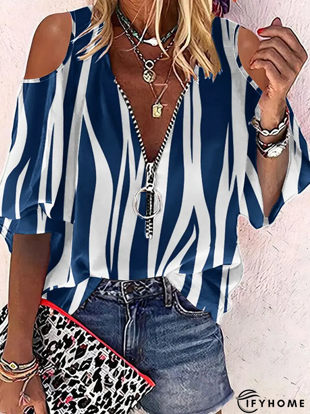 Striped Casual V Neck Short Sleeve Top | IFYHOME