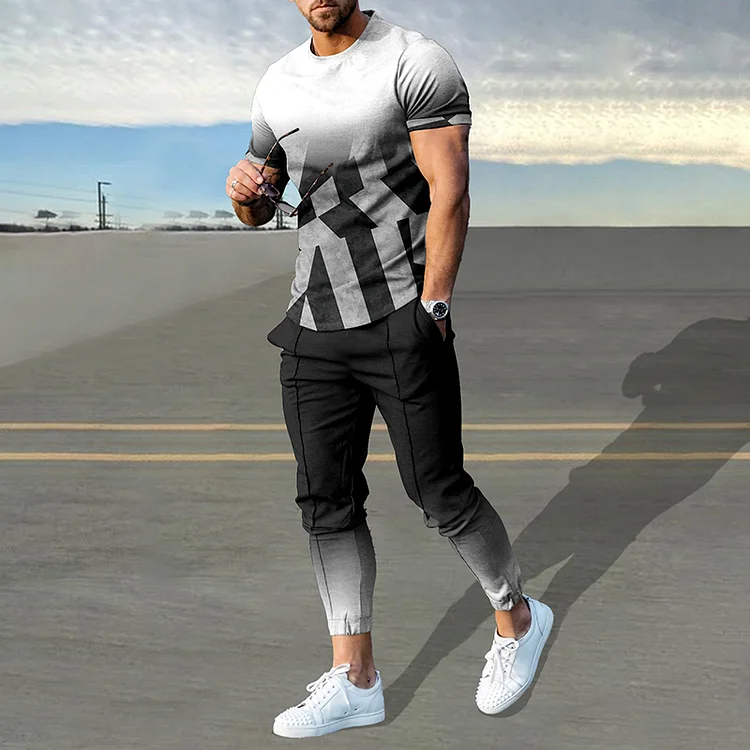 BrosWear Black And White Gradient Geometry T-Shirt And Pants Co-Ord