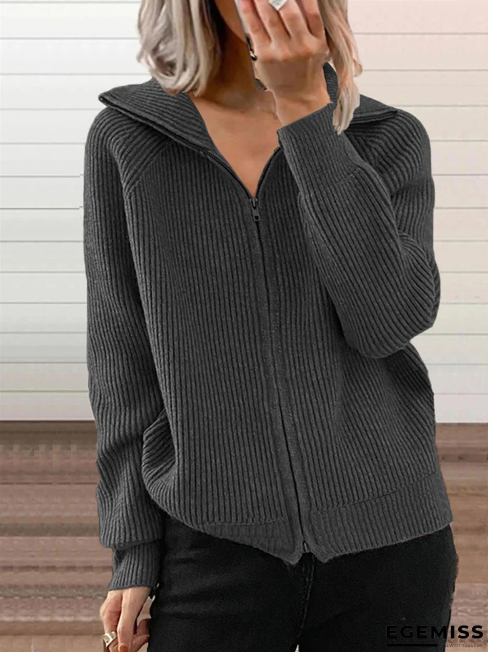 Casual Loose Zipper Cardigan Long Sleeve Lapel Knit Sweater | EGEMISS