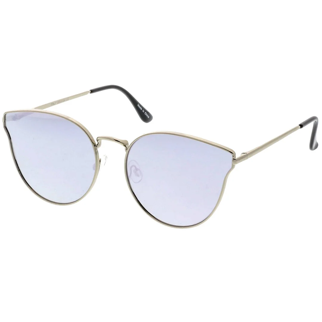 Premium Metal Cat Eye Sunglasse With Slim Arms And Round Colored Mirror Flat Lens 54mm