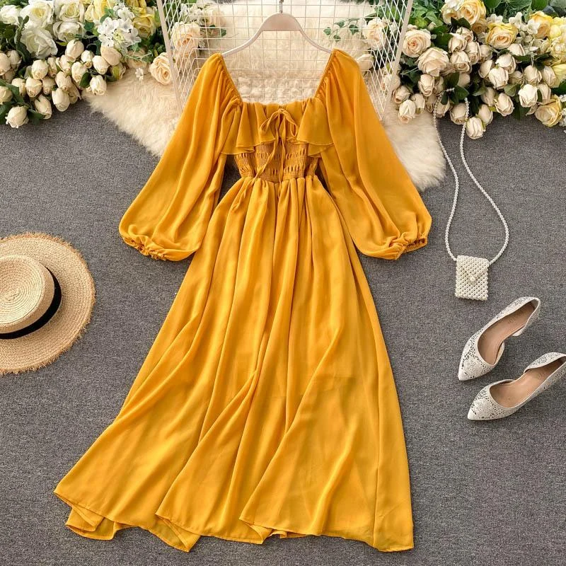 Women's Chiffon Dresses Square Collar Puff Long Sleeves Elegant Casual Dresses