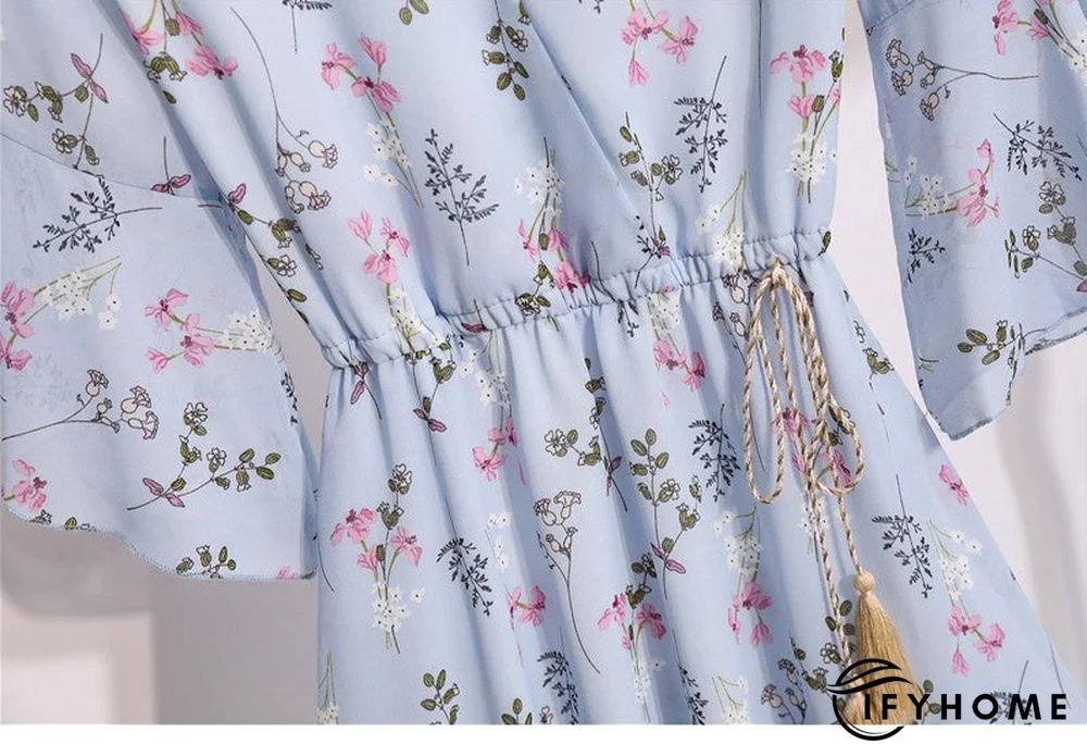 Spring Summer Chiffon Women V-Neck Floral Print Short Dresses Sweet Ruffle Sleeeve Slim Drawstring Ladies Dress | IFYHOME