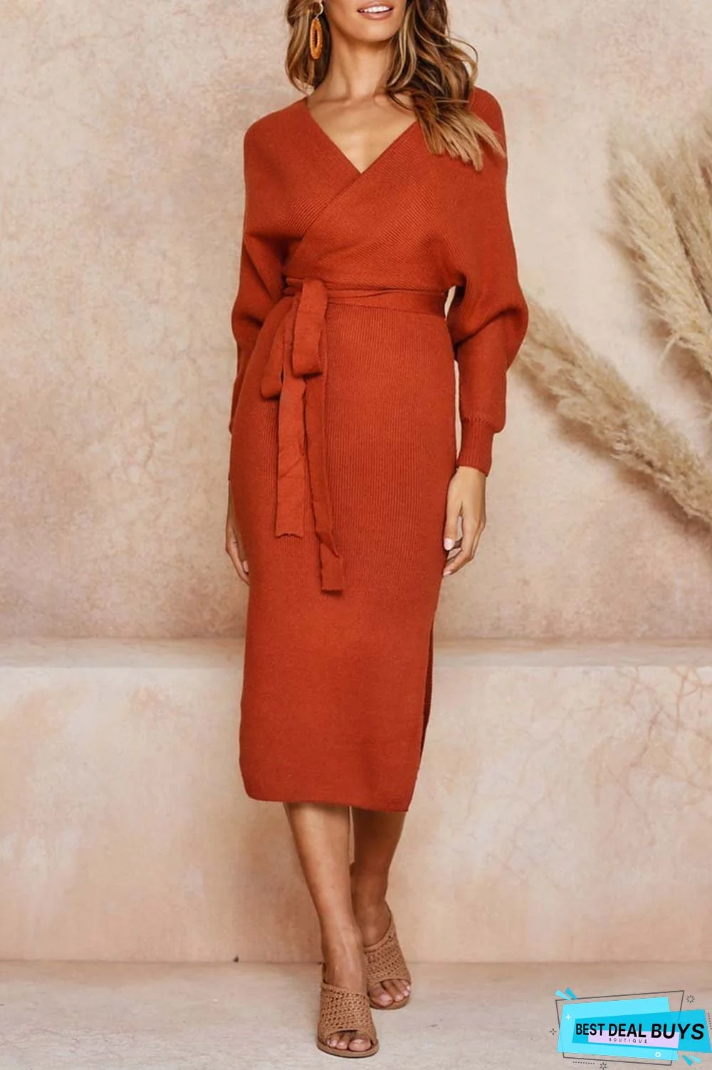 V Neck Backless Sweater Midi Dress(5 Colors)