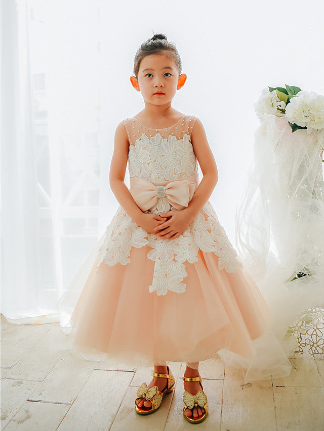 Oknass Ball Gown Sleeveless Jewel Neck Flower Girl Dresses Lace Tulle With Bows Pearls
