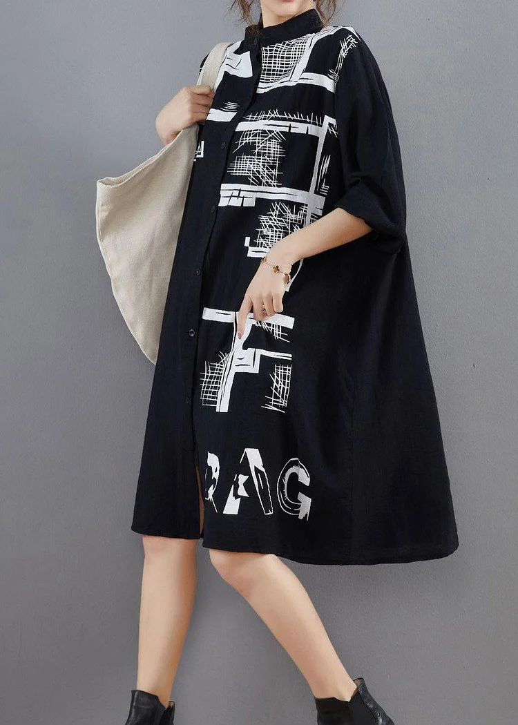 Beautiful Stand Collar Spring Tunic Dress Black Print Loose Dress ( Limited Stock)