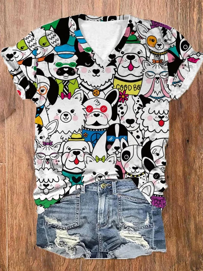 Women's Funny Colorful Dogs Print V-Neck T-Shirt