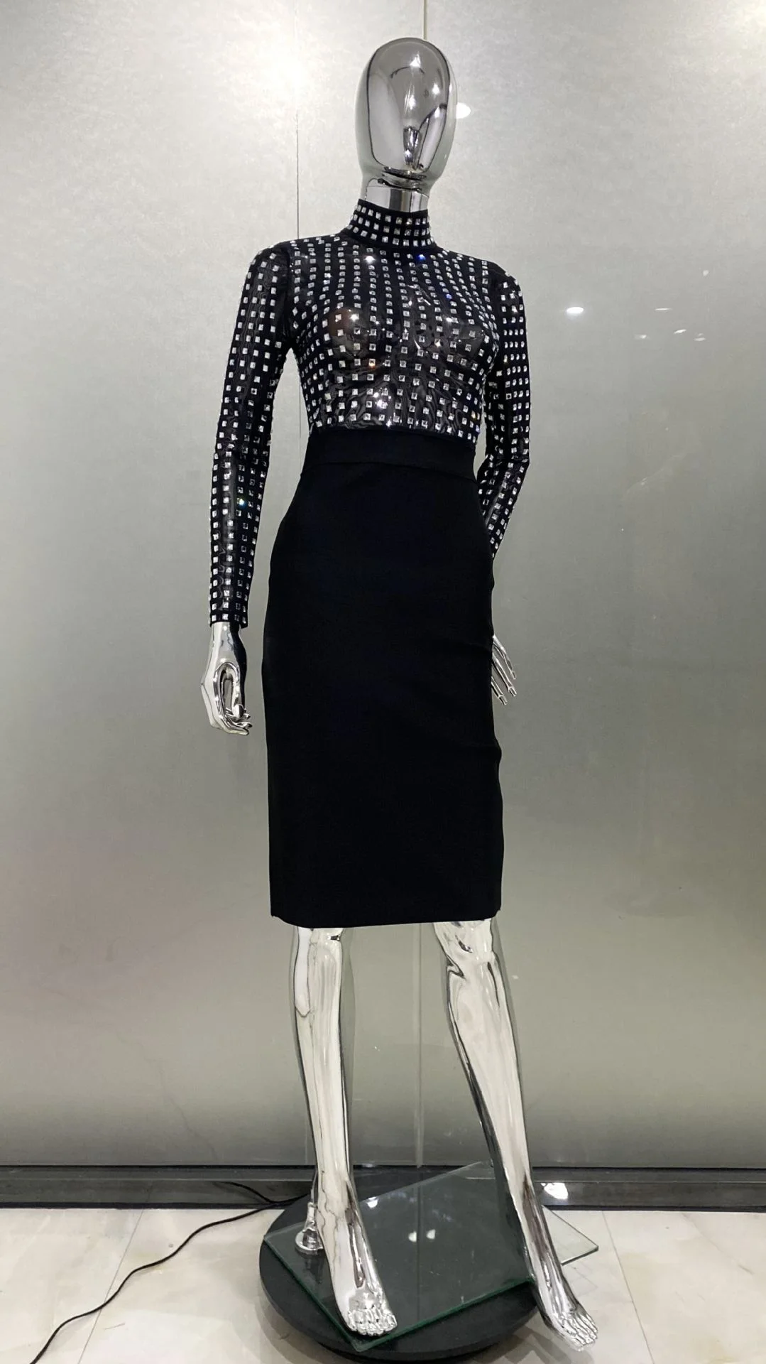 Zingj Black Half-High Collar Hot Diamond Small Long Sleeves Long Splicing Bandage Long Bag Of Hip Dress Dress Dress