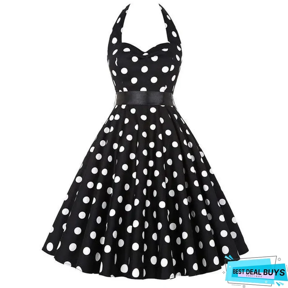 Sexy Halter Party Dress Retro Polka Dot Vintage Dresses Elegant Midi Dress