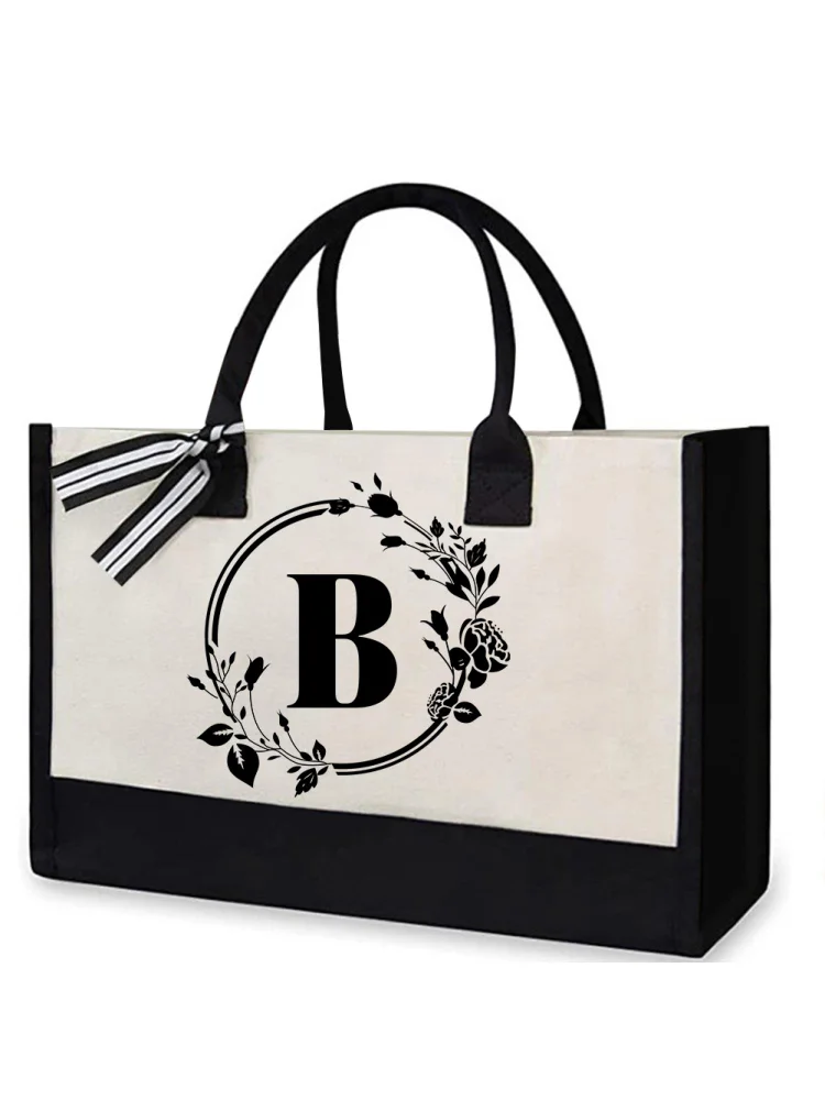 Canvas Handbag Letters Flower Portable Beach Shoulder Shopping Totes (B)
