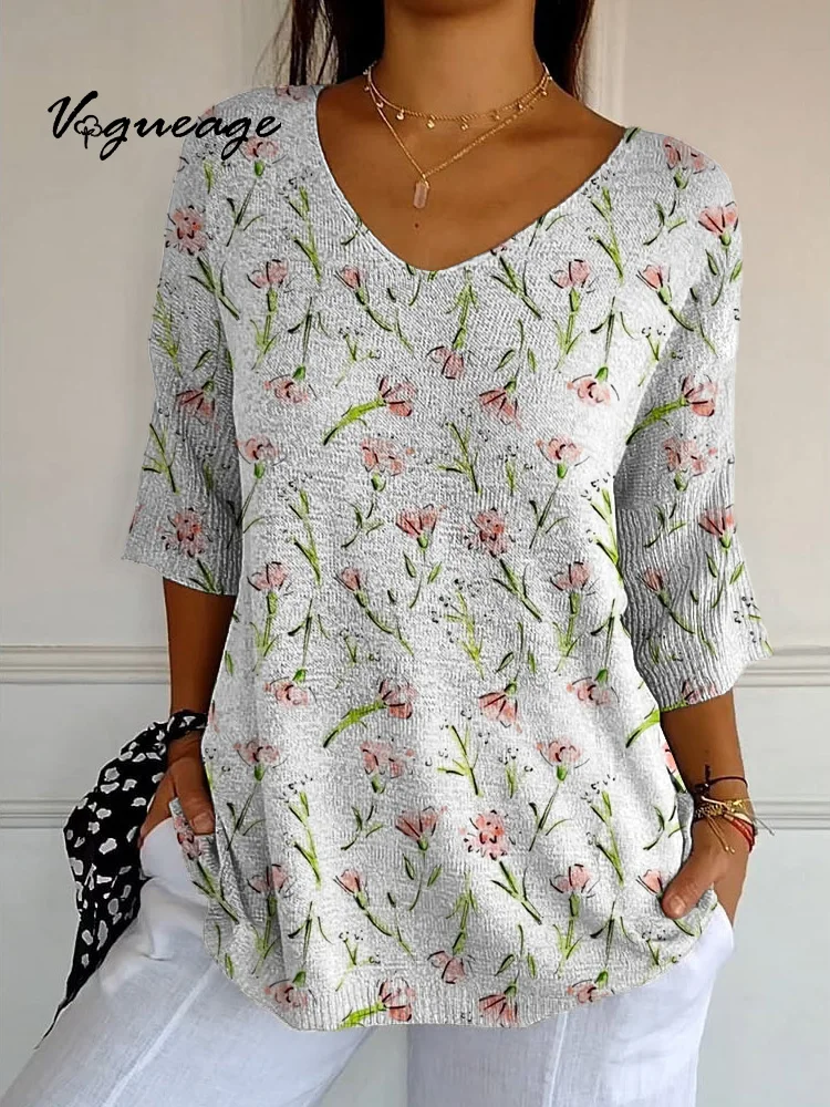 Gentle Simple And Vivid Flowers Printed Knitted Sweater