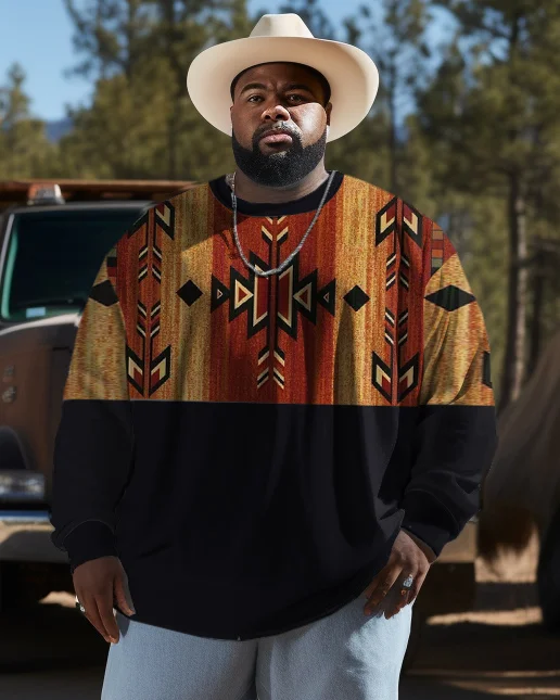 Men's Plus Size Western Ethnic Color Block Geometric Long Sleeve Sweatshirt
