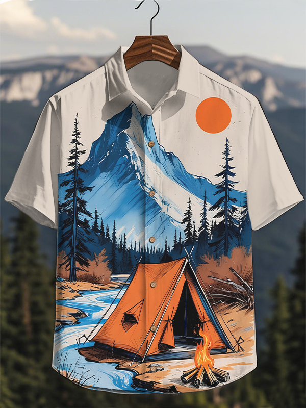 Men's Outdoor Camping Japanese Art Print Short Sleeve Shirt