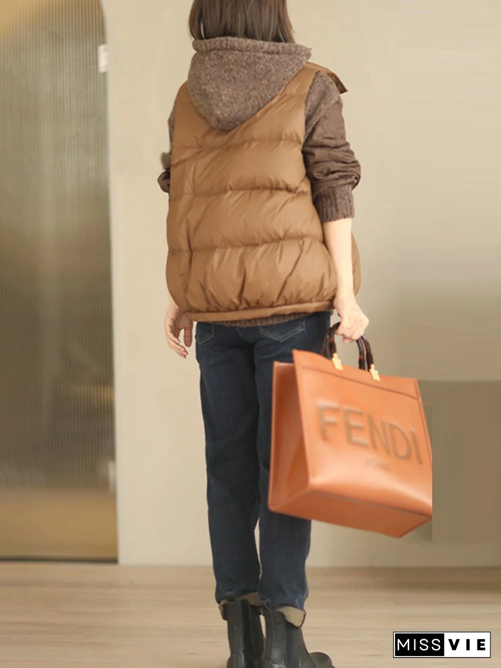 Original Creation Loose Sleeveless Solid Color Zipper High-Neck Vest Outerwear