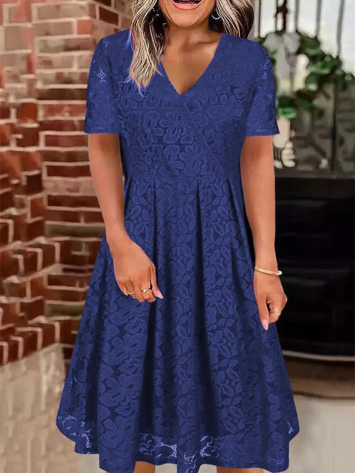 Women's Short Sleeve V-neck Stitching Lace Midi Dress