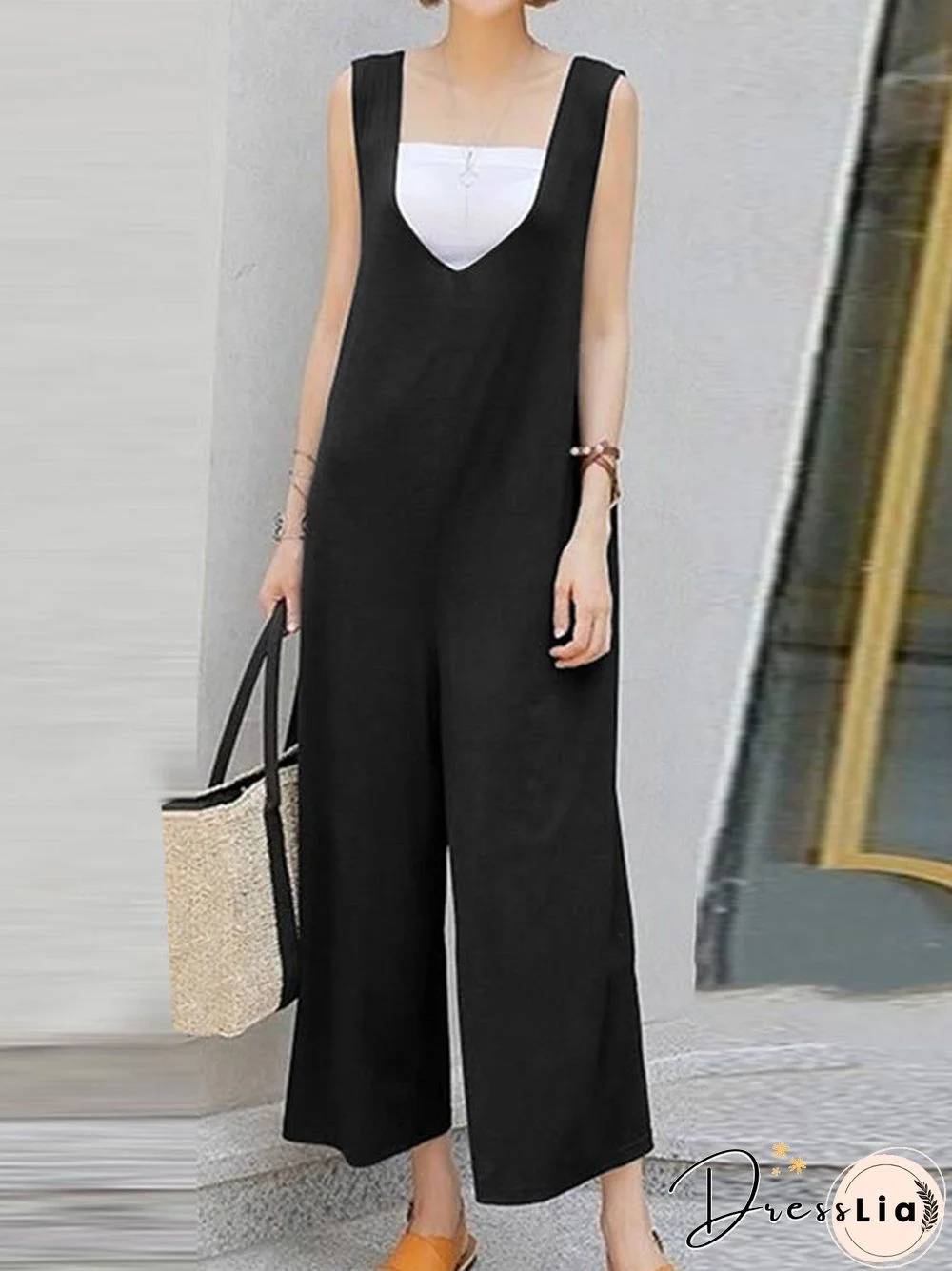 Solid Backless Sleeveless Casual Jumpsuit