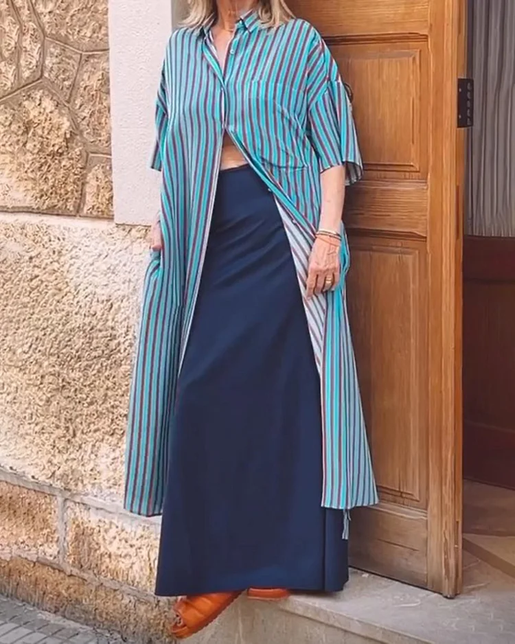 Stylish Striped Lapel Dress Top