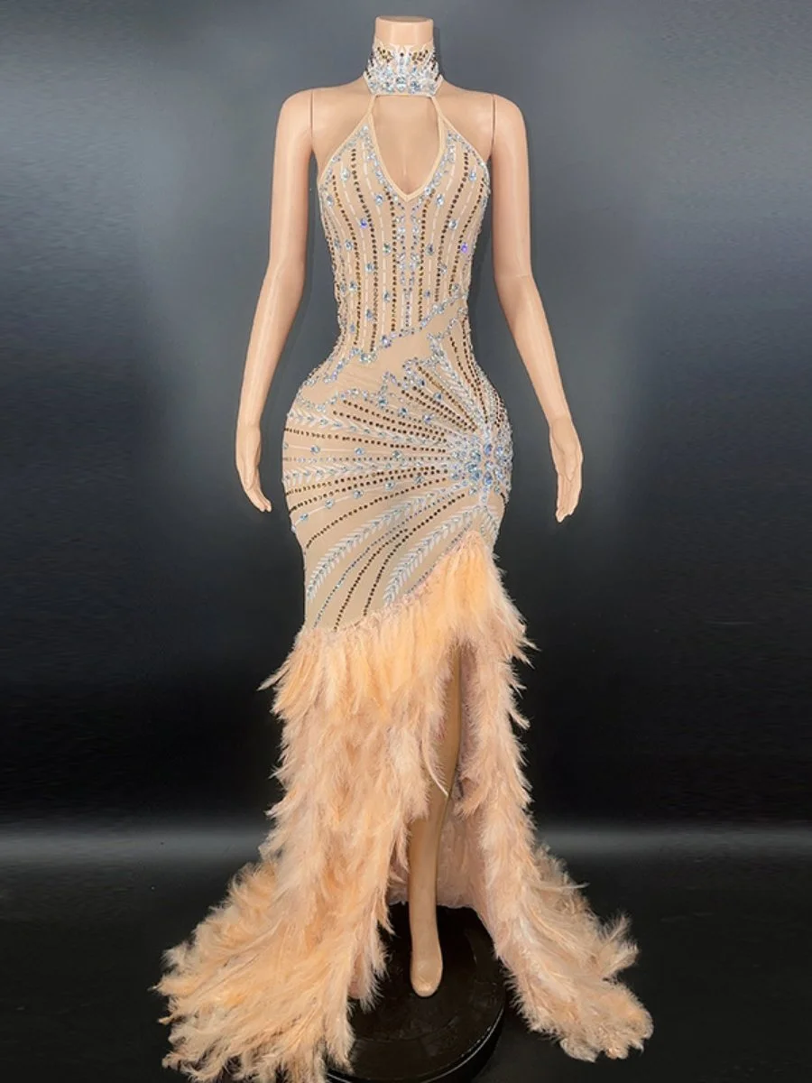 Luxury Feather Hem Rhinestone Backless High-Low Evening Gown-zachics