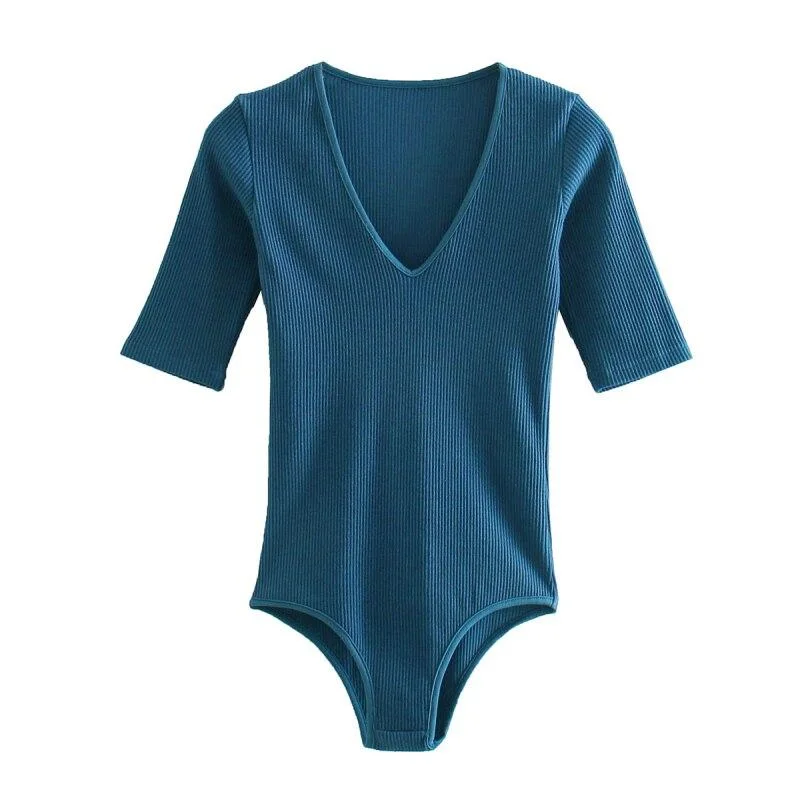 PUWD Sexy Woman Blue Slim V Neck Knitted Bodysuits 2021 Sping Fashion Ladies Soft Holiday Knitwear Female Casual Streetwear Tops