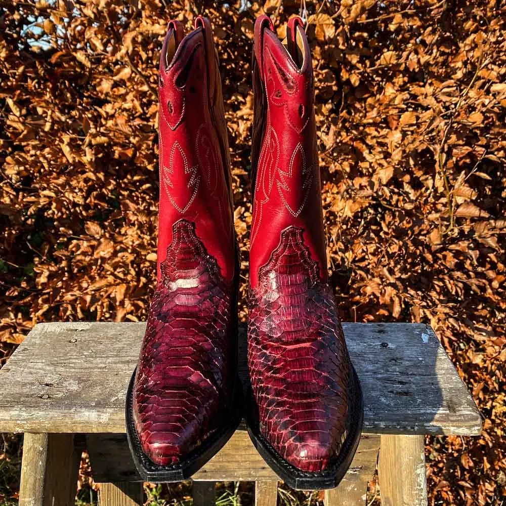 Red Snip Toe Python Embossed Mid Calf Cowgirl Boots with Chunky Heel