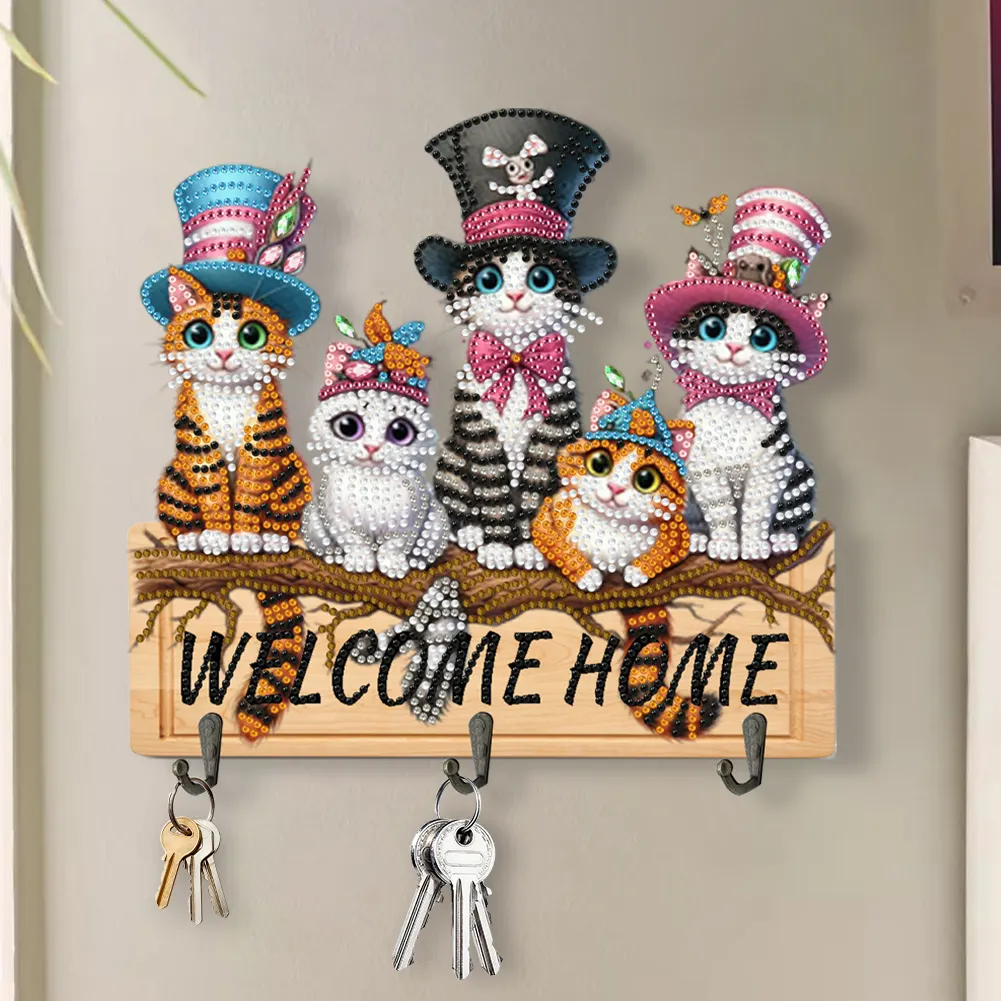 DIY Welcome Home Cat Wooden Special Shape 3 Hooks No Punch Diamond Painting Hook Rail