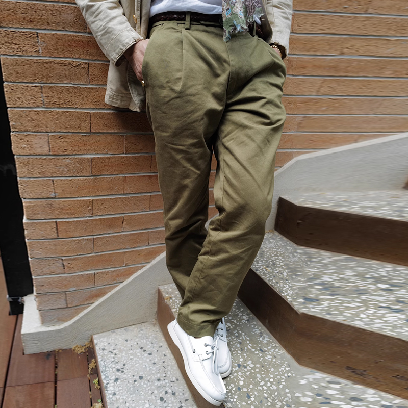 Men's Army Green Single Pleated Tapered Straight Casual Pants