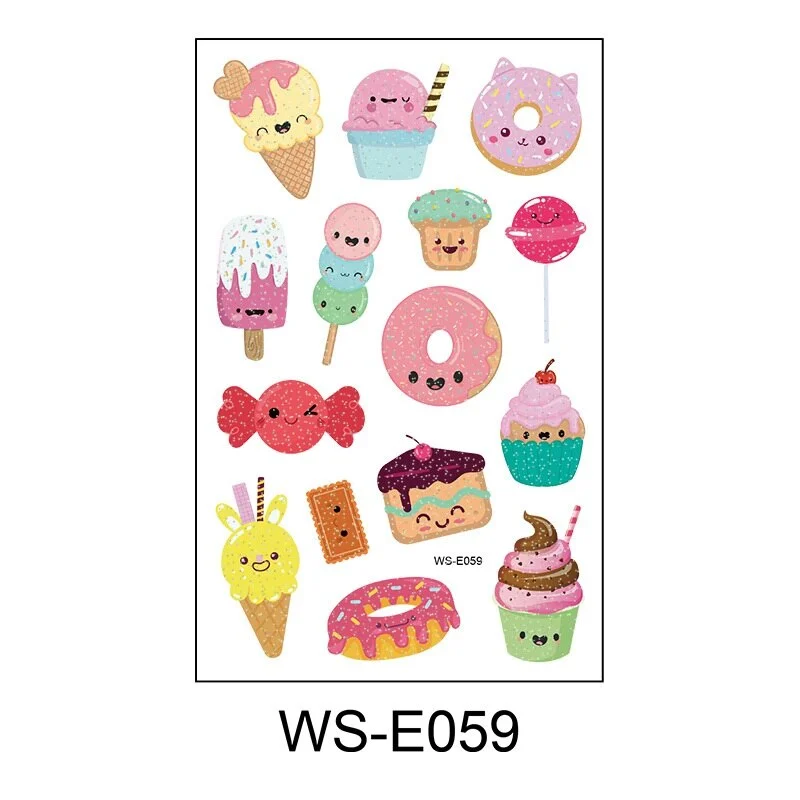 10 Kinds Glitter Powder Temporary Tattoos Cartoon Ice Cream Candy Cakes Kids Fake Tattoo Sticker Cute Party Makeup Tools