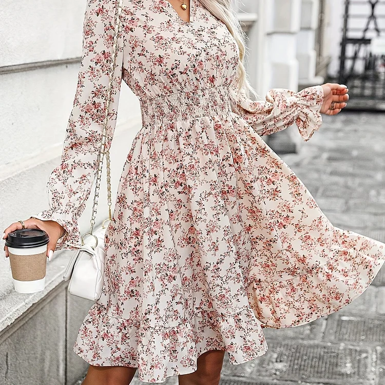 Floral Print C Neck Dress, Elegant Long Sleeve Shirred Waist Dress, Women's Clothing